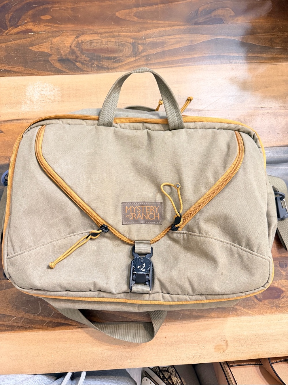 MYSTERY RANCH Tan Canvas Messenger Bag with Gold Trim